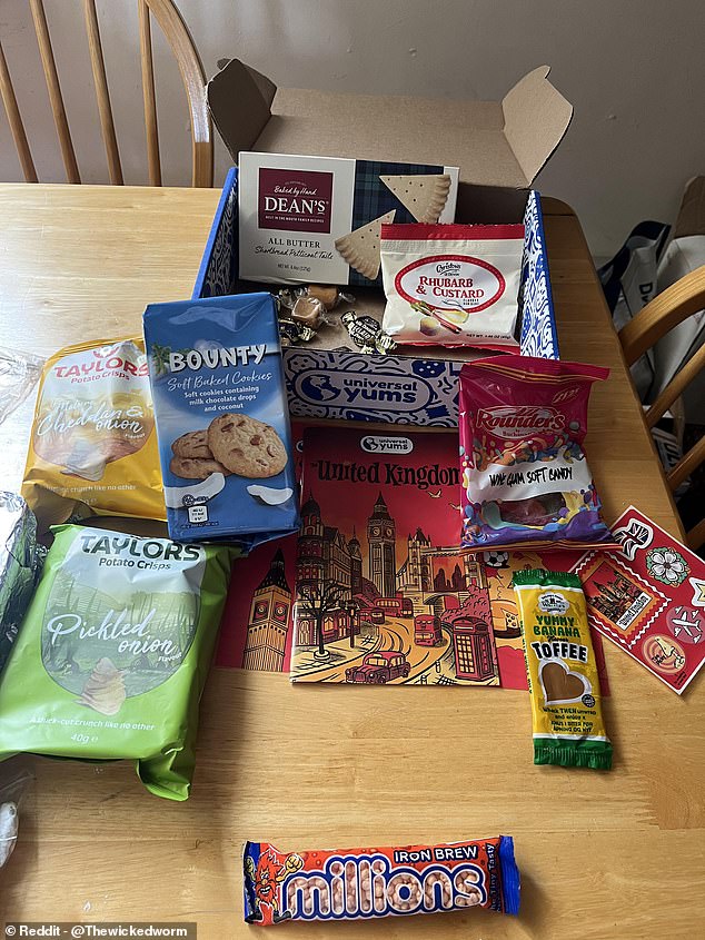 Brits have been left scratching their head over a UK-themed snack box containing some unfamiliar treats