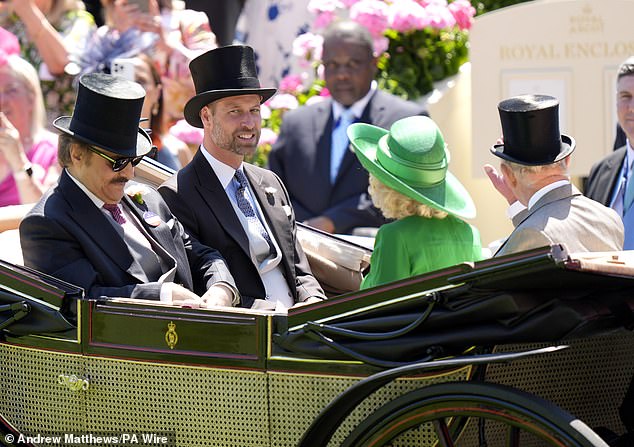 Prince Saud bin Khalid Al-Saud, the Prince of Wales, Queen Camilla and King Charles arriving by carriage at Ascot