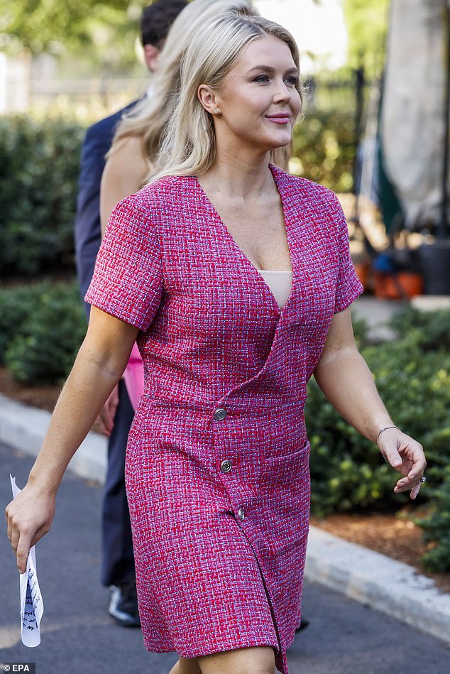 White House Press Secretary Karoline Leavitt, 27, embraced her inner Barbie as she stunned in a hot pink tweed dress while addressing the media on Monday - and the frock came with a hefty $500 price tag to boot