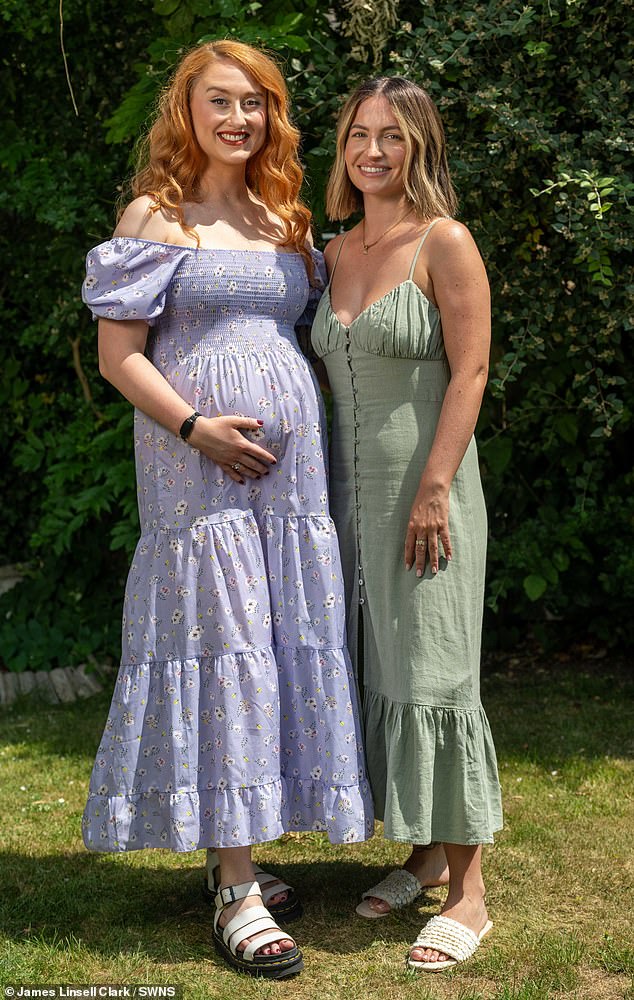 Georgia Barrington (pictured right with her friend Daisy, who is carrying her baby), 28, from Maidstone, Kent, was diagnosed with Mayer-Rokitansky-Küster-Hauser (MRKH) syndrome aged 15 - meaning she was born without a uterus and unable to ever carry a baby