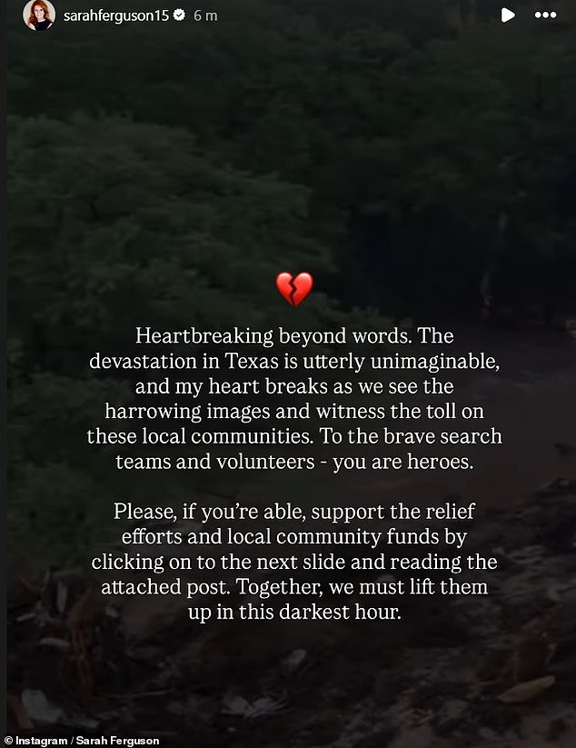 The Duchess of York has shared a message of support with Texans experiencing devastating flooding - which has already claimed the lives of at least 91 people