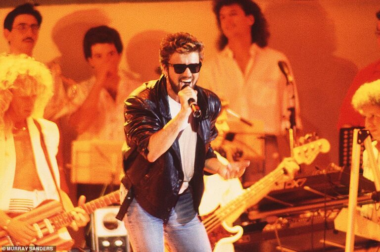 George Michael (above) stormed the stage at Wembley Way as he joined Elton John, Freddie Mercury, Bob Geldof, Sting, Status Quo, Spandau Ballet, Phil Collins, and Francis Rossi for Live Aid  - a charity concert at London's Wembley Stadium to raise money for famine victims in Ethiopia in 1985