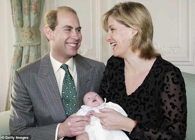 Sophie Wessex and Prince Edward holding their newborn daughter, Lady Louise Windsor, in January, 2004