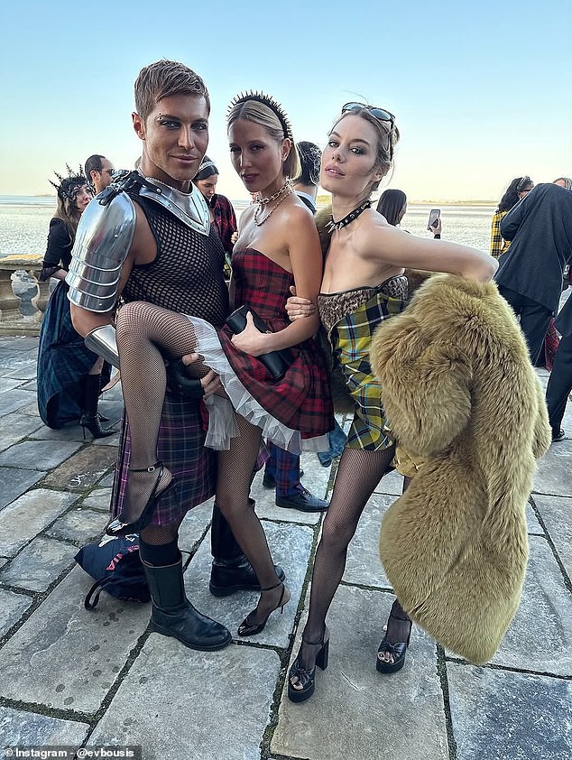 Princess Maria-Olympia of Greece (centre) donned a strapless, tartan mini-dress and danced the night away at Greek shipping heiress Electra Niarchos's 30th birthday party in Scotland this weekend. She is seen here with Camille Rowe and entrepreneur Evangelo Bousis
