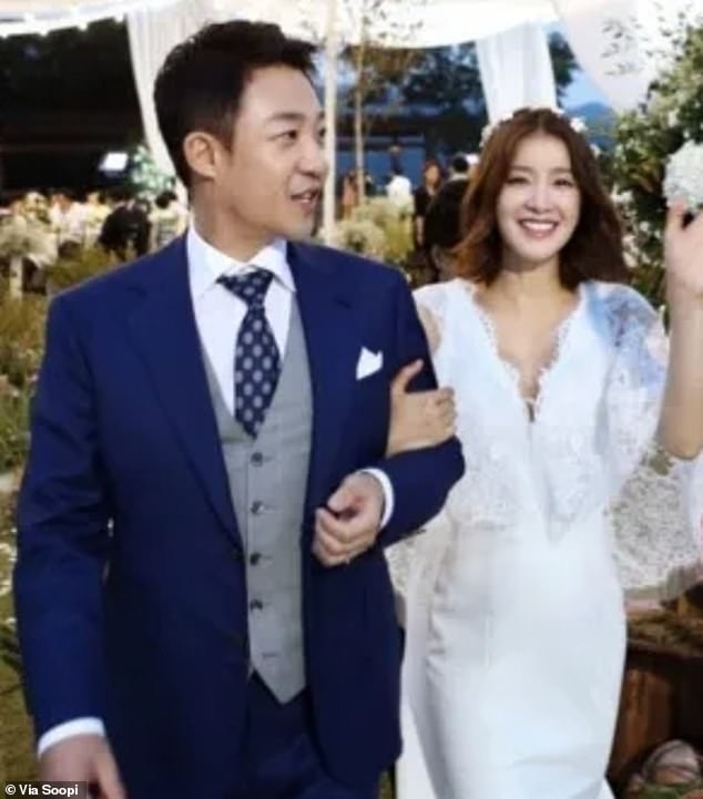 Lee Si-young, 43, sparked online debate after revealing that she had become pregnant via an embryo which was fertilised five years ago - while she was still with entrepreneur Cho Seong-hyun (both pictured)