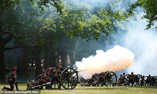The King's Troop Royal Horse Artillery fire a 41-gun salute in Green Park to celebrate Quen Camilla's 78th birthday