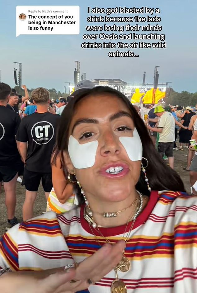 Oasis fans are up in arms after US woman Alexis (pictured) complained about drunken 'wild animals', people throwing drinks, the lack of bins and drinks options at Heaton Park gig