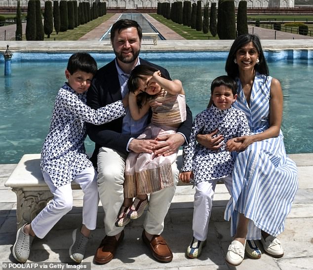 English summer: US Vice President JD Vance, his wife Usha, daughter Mirabel and sons Ewan, left, and Vivek are heading for The Cotswolds this summer - along with their huge entourage (Pictured at the Taj Mahal in April)