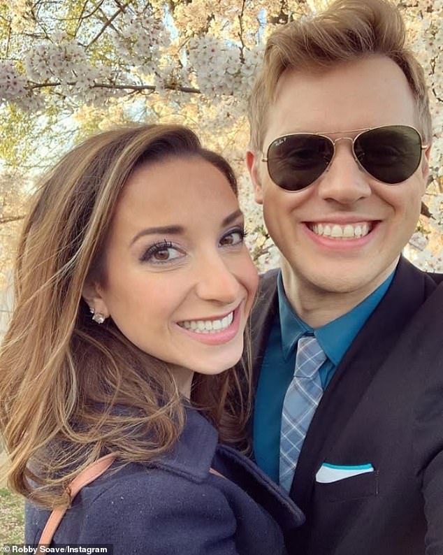 Political pundit Robby Soave has split from his longtime wife and high school sweetheart Carrie (pictured together) to get engaged to his gay lover