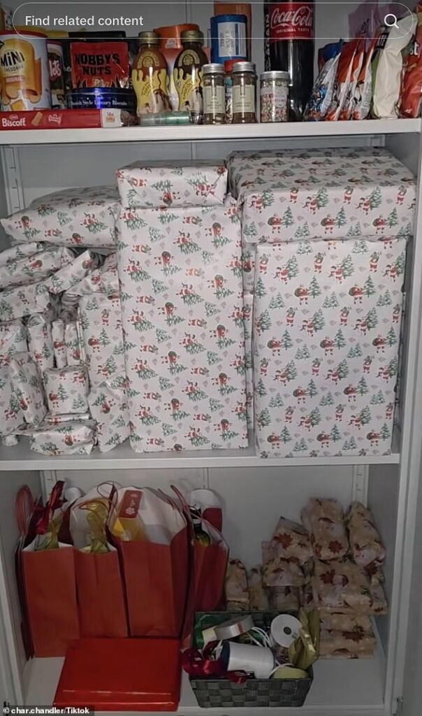British mother Char Chandler, took to her TikTok to showcase her 'Christmas cupboard' where she has been storing her children's wrapped gifts and festive goodies until December
