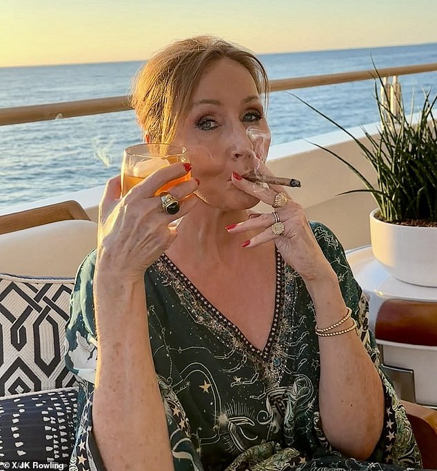 Despite keeping a relatively private personal life, J K Rowling is said to be a 'party animal' behind the scenes (pictured onboard her superyacht in a picture shared to Twitter)