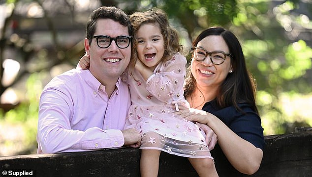 Brisbane City councillor Ryan Murphy, 36, was inspired to start a health kick following the birth of his daughter Elodie (centre) with wife Emma Yabsley (right) - but was stunned to discover he had stage two prostate cancer
