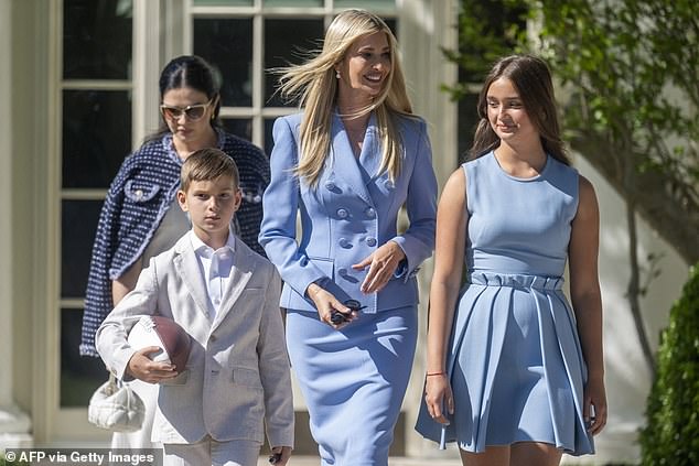 Ivanka Trump, the daughter of US President Donald Trump, and her children Theodore Kushner (left), and Arabella Rose Kushner, 14,  arrive for an event celebrating the Philadelphia Eagles, 2025 Super Bowl champions, at the White House on April