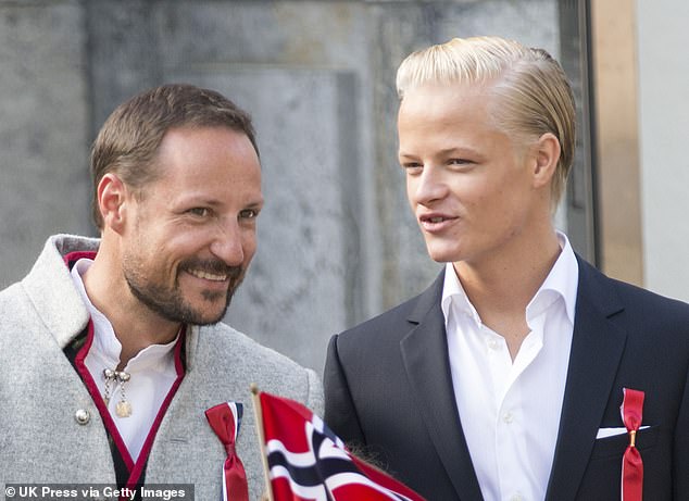 Crown Prince Haakon has been pictured taking his disgraced stepson Marius Borg Høiby on holiday. Pictured together previously in 2014