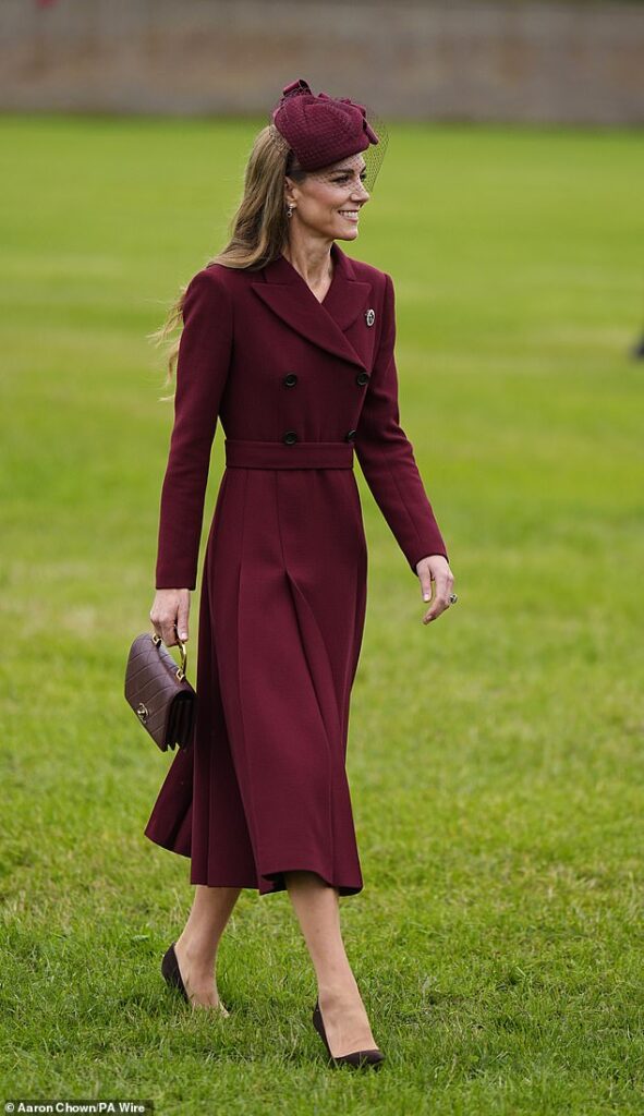 Kate Middleton, 43, is resplendent in a red Emilia Wickstead dress that she paired with a hat by Jane Taylor for today's high-profile engagement that marks the start of Donald and Melania Trump's state visit to the UK