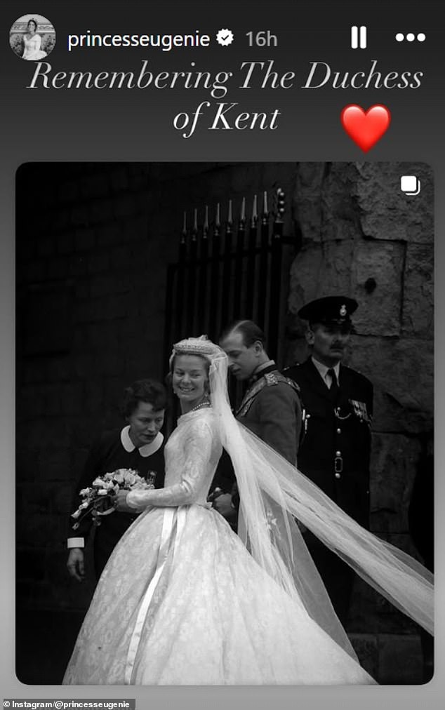 The photo, originally posted by the royal family's official Instagram account, was reshared this morning by Princess Eugenie. The image depicts the Duchess of Kent, who was born Katharine Worsley, on her wedding day at Hovingham Hall in June 1961