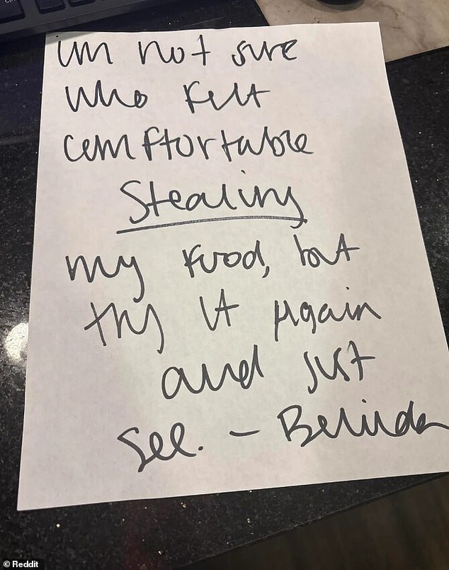 An office employee has detailed the moment she was so furious after discovering a colleague had secretly eaten her lunch that she penned a threatening note