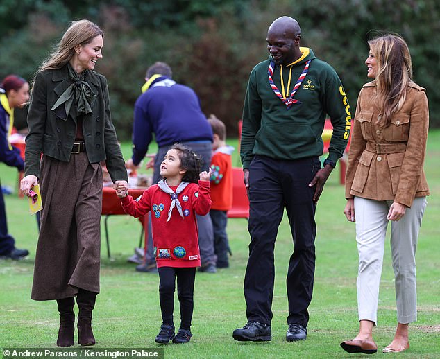Melania Trump looked chic in a suede coat as she spent time with the Princess of Wales and the Squirrels at Frogmore Gardens during the US State Visit