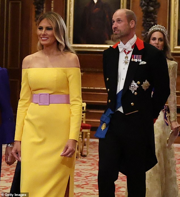 US First Lady Melania Trump is pictured alongside the Prince of Wales during the glitzy state banquet on Wednesday evening