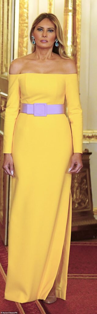 Melania Trump is pictured in a striking yellow gown at the state banquet