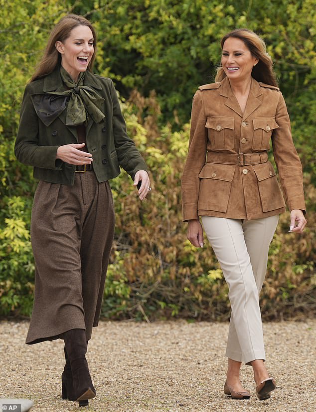 The Princess of Wales established a 'fun and relaxed' friendship with Melania Trump during her State visit, UK body language expert Judi James has claimed (seen together in Windsor on Thursday)