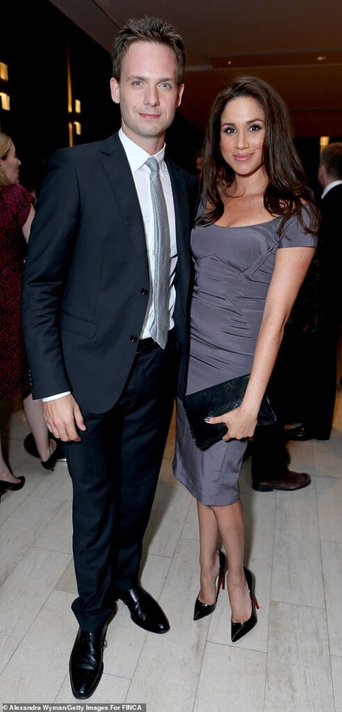 The Duchess of Sussex's Suits co-star Patrick J Adams, 44, from Toronto, Canada, revealed the 'genius' travel hack he learned from Meghan while filming the American legal drama (seen in Toronto, 2012)