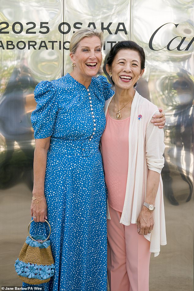 Sophie, 60, appeared in high spirits as she met with the Japanese royal at the Women's Pavilion at the Osaka Expo (both pictured)