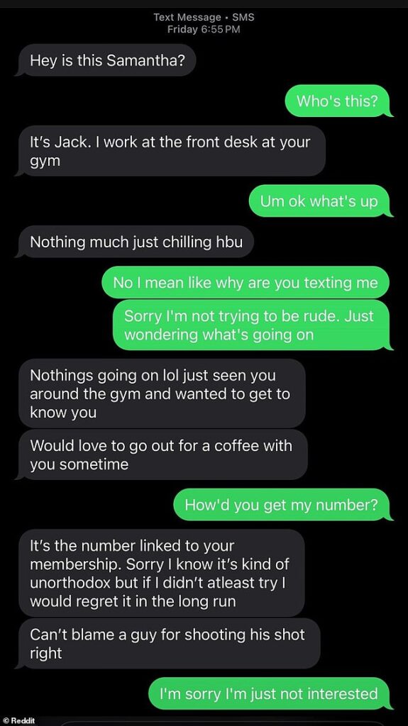 Samantha received an unsolicited message from a man named Jack, who works at the front desk of the gym where she trains
