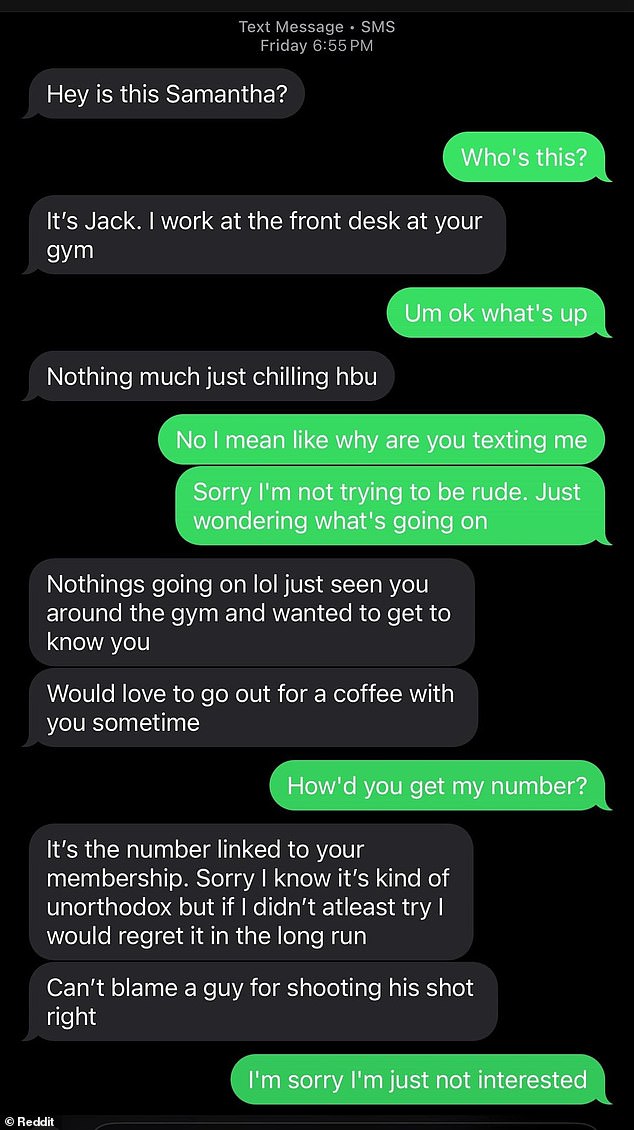 Samantha received an unsolicited message from a man named Jack, who works at the front desk of the gym where she trains