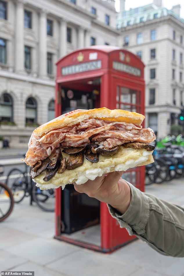 A sandwich shop dubbed 'the best in the world' has taken the UK by storm after setting up a pop-up store in London much to the delight of sarnie-loving Brits. Pictured: All'Antico Vinaio