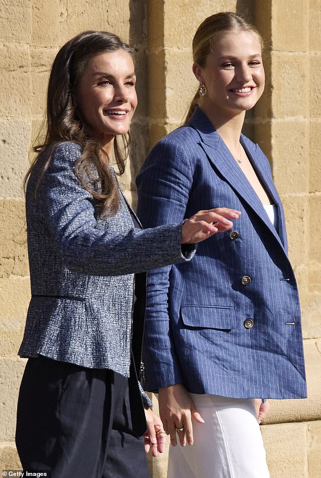 Queen Letizia (pictured, left) and Crown Princess Leonor (pictured, right) snapped during the second day of their trip to Navarra