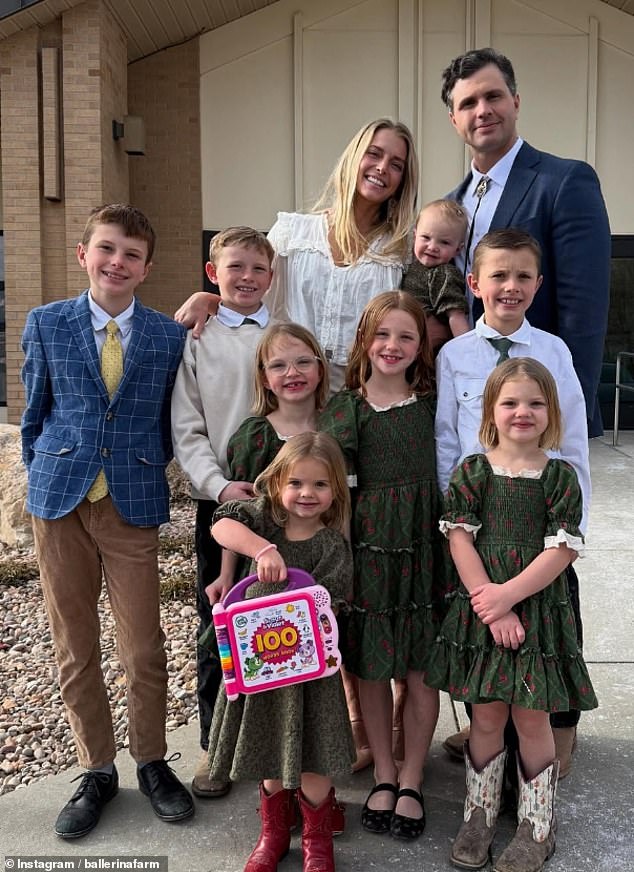 The controversial Ballerina Farm - run by social media star Hannah Neeleman and her husband, JetBlue heir Daniel Neelman - has angered citizens of Midway, where the couple's first ever store opened last month. Pictured with their children
