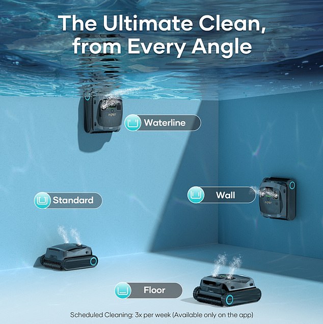 This wireless robot intelligently suctions and scrubs the floors, vertical walls and waterline of the pool