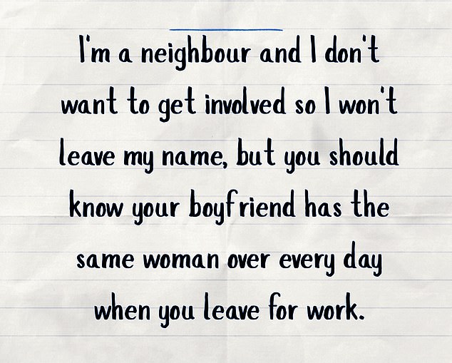 A woman has revealed how a handwritten note left on her car windscreen exposed her boyfriend's alleged cheating - and ultimately ended their relationship [mock up by Daily Mail]