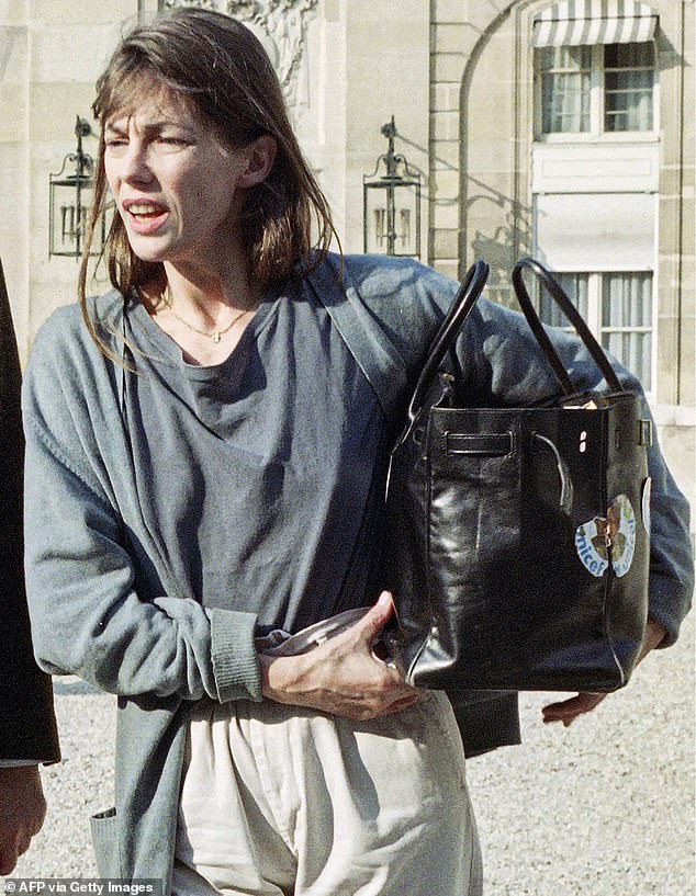 French actress and singer Jane Birkin arriving at the Elysee Palace on May 9, 1990 with her Hermes bag