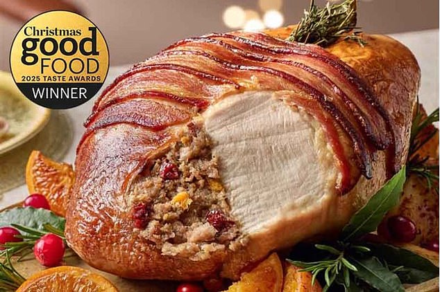 Sainsbury's Turkey Crown (pictured) was branded a 'showstopper' for its 'golden, glossy glaze and crispy bacon'